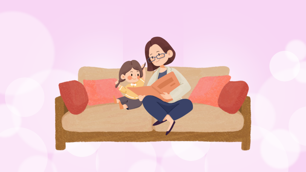 ママと子供がソファで絵本を読んでいるイラスト